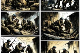 Masterpiece1:5)(Fineart), (award-winning:1.5), highest quality, war journalism editorial ,(by Tim Page, Hoorst Faas:1.5)),(Eastern Ukraine:(panel one:the moment after a battle ends, horrors of war, wounded men),(2nd panel, cinematic shot of men sitting in trench with 1000 yard stare (focus on their eyes:1.5)),(the third panel shows troops tired but hyper alert), (the fourth panel shows the sky is filled with incessant, fire and smoke everywhere,)