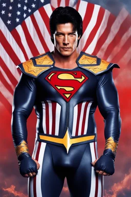 20-year-old, extremely muscular, short, buzz-cut, pitch black hair, Paul Stanley/Elvis Presley/Keanu Reeves/Pierce Brosnan/Jon Bernthal/Sean Bean/Dolph Lundgren/Patrick Swayze/ hybrid, as the extremely muscular Superhero "SUPERSONIC" in an original patriotic red, white and blue, "Supersonic" suit with an America Flag Cape,