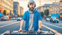 short beard man with cap, DJ play records, color sky background,at middle of midleage city street background, full body