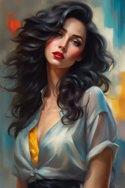 A full body Portrait of a beautiful young woman, slanted, dark eyes with large eyelashes, voluminous wavy black hair, red lipstick, thin strap blouse, colorful, perfect face, shine, realistic, best image quality, oil paint, Light clothes, vivid colors, Thin strap blouse, Art By Jon Bauer,, By cgsociety,standing