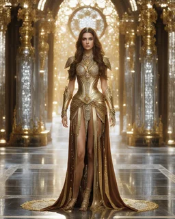 Photography,girl,full body,standing looking front view,brown long hair, long gown dress mechanical,delicate gold and full diamonds colors crystal jewelrys,silver metalic parts, golden parts, intricate armor, detailed part,Movie Still