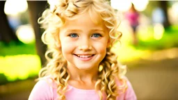 A cute little girl, curly blonde hair, the look on her smiling face.