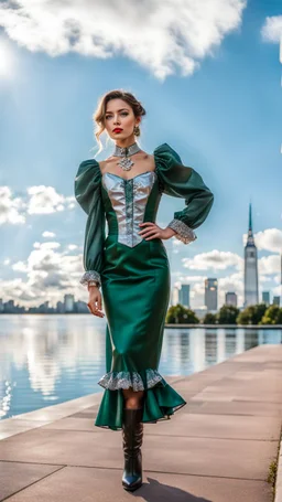 fullbody shot of girl makeup wearing a dark green-silver victorian blouse skirt with pretty boots walking in moder city of 2040 park ,flowers ,pretty clouds in blue sky,city escape.