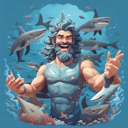 the sea god Poseidon, taking selfie with sharks, smiling, 3d vetor flat style 2d art, detailed,