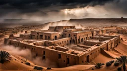 Massive brutalist architecture emerging from a desert landscape, fused with the ancient ksar structures of Ksar Ouled Soltane, partially hidden in dense fog. Monumental concrete forms mixed with traditional North African clay granaries, cinematic composition, ultra detailed, photorealistic, atmospheric lighting, dark surreal mood, mysterious scale, soft sandstorm haze, moody shadows, dystopian yet ancient feeling, high contrast, realistic textures, epic wide-angle shot, fog