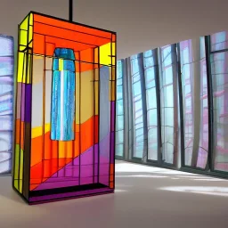 an architectural model of a colorful glass gondola on display in a contemporary art gallery in a bell jar, caustics reflections, symmetrical, pointed arches, frosted glass, muted fall colors, glossy from rain, rayonnant style