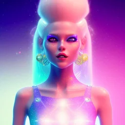 Smiling happy galactic girl, glitter blue and white dress with jewels, blond hair, blue eyes, pink glossy lips, cinematic lights, HQ, 4k, high details