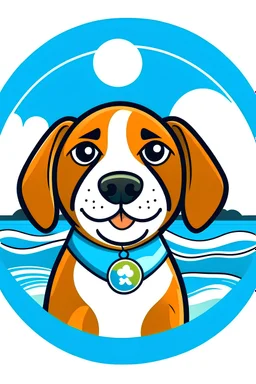 Logo rond pour une association de protection des plages avec un chien beagle souriant deguisé en super héro