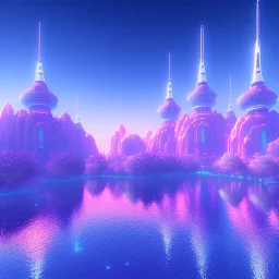 A very beautiful futuristic city, arches, elegant, small crystal edifices, atmospheric, realistic, cinematic lighting, pink blue light, 8k, galactic atmosphere, flowers