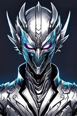 Logo silver skinned anime Dragman cyberpunk with dragon mask in his eyes full body