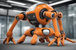 an orange robot stretching its legs