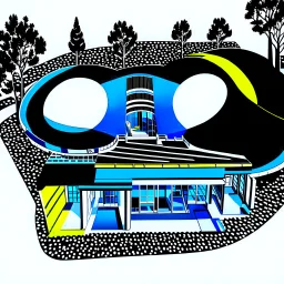 Drawing Zaha Hadid style egg-shaped country house colors black white blue and yellow aerial view