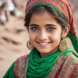 Pakistani Pushto Girl smiling & has green lenses with traditional dress