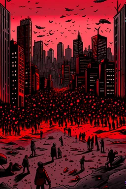 a big City, red and black fin the sky with many dead children on the ground