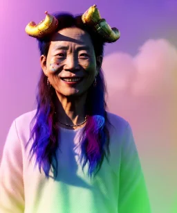 Ultra Realistic photo, medium shot view, drunken sweet dancer old Asian woman, carnival scene, monster hair, steampunk style. Red hair, confeti, smile, happy, festival, ovnis, gradient color fog. highly detailed, concept art, unreal engine 5, ray tracing, RTX, lumen lighting, ultra detail, volumetric lighting, 3d, finely drawn, high definition, high resolution.