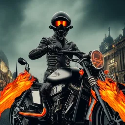 Fire head skeleton Rider wearing a black leather on black motorcycle in the middle of street rounded by high tower in a City