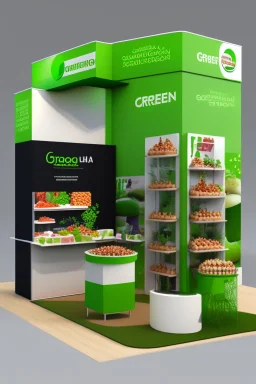 Corner green exhibition stand of a food company with product displays and a meeting area