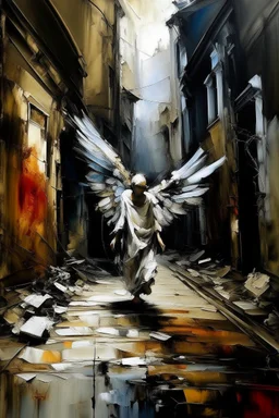 Abstract expressionism oil painting of an Urban alley grunge scene, fallen angel laying on ground in ripped robes, white stained wings, feathers misplaced, slight glowing, but broken halo. Dirty walls, graffiti in Latin, oil on the ground. Harsh shadows and goth undertones. areal view looking down , messy brush strokes, close up