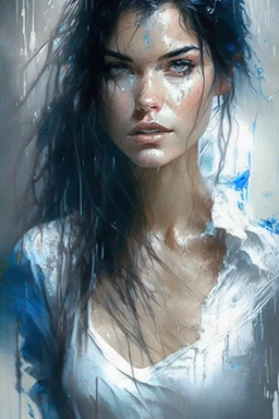 beautiful caucasian woman, age 23, wearing trendy wear wet-white T-shirt, light black hair, Attractive posing, Full body, perfect detailed face, frame the head, blue-eye, glamour, wet skin, Wet hair, rain, hyperdetailed painting, luminism, art by Carne Griffiths and Wadim Kashin concept art, 8k resolution, fractal isometrics details bioluminescens , 3d render, octane render, intricately detailed , cinematic, trending on artstation Isometric gritty, realistic mucha, intricate, high definition,