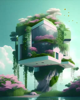 Surreal modern house, lots of greenery and flowers, 8k render. plant walls. floating island.
