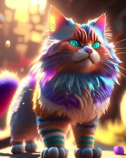 Stunning 3D video game style cat, realistic fur, vibrant colors, dynamic pose, epic background, Unreal Engine, Pixar, key art, high resolution, point lighting, midday sun, Canon EOS R5, cat, 3D, video game style, realistic, vibrant colors, dynamic pose, Unreal Engine, high resolution, point lighting, midday sun, Canon EOS R5.