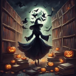 An endless library of Halloween books that float to readers on command, supervised by a witch