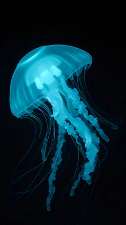 Create a spectral image of a glowing jellyfish, her form traced by ghostly light trails. Translucent streaks of pale, desaturated teal and silver hint at her fleeting presence. Set against a dark, mysterious background, the ethereal jellyfish's haunting glow casts an otherworldly ambiance, evoking both beauty and mystery.