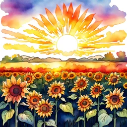 A cartoon image of a sunrise over a field of vibrant colored sunflowers in watercolor ink art style.