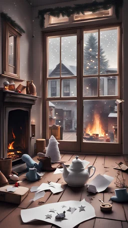 Picture from the window of a house onto the street. There is a teapot on the floor, mittens lying around, a white paper boat, stars cut out of paper, next to the window there is a fireplace and a Christmas tree. An old man with a suitcase is sitting on the floor, cockroaches with musical instruments are running in front of him. Outside the window there are trees, shadows and secrets, haze. Abstraction. Phantasmogoria, mysticism, theater, style - steampunk.