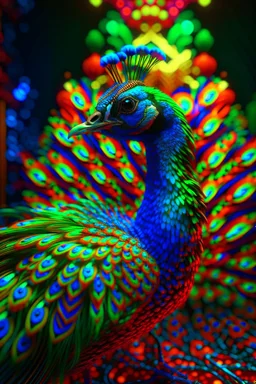 the 4d psychedelic neon interference patterned peacock that could trigger epilepsy, rockstar portrait, photo-realistic, shot on Hasselblad h6d-400c, zeiss prime lens, bokeh like f/0.8, tilt-shift lens 8k, high detail, smooth render, down-light, unreal engine 5, cinema 4d, HDR, dust effect,, smoke