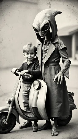 An old picture style of black and white mono very bad quality looks very old camera picture with cracks of a boy holdin a scooter standing beside an Alien creature that is dressed like a man , year 1900
