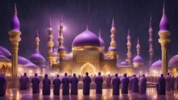 Hyper Realistic Photographic-View of lots of Muslim-Men praying outside a Massively-Huge-Beautifully-Crafted-Purple-&-Golden Mosque with detailed-minarets & Ramadan-Light-Decorations-&-Lamps-&-a-water-fountain at beautiful-dark-rainy-night with dramatic-&-Cinematic-Ambiance