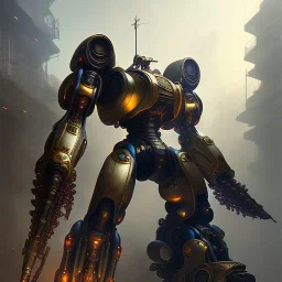 giant mecha in the favela street , close up by Greg Rutkowski, matte painting, intricate, fantasy concept art, elegant, by Stanley Artgerm Lau, WLOP, golden ratio, thomas kindkade, alphonse mucha, loish, norman Rockwell,