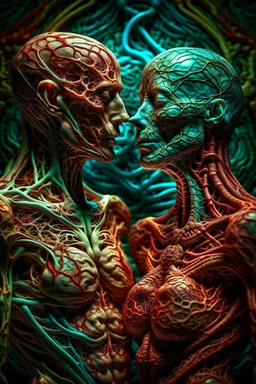 cinematic gore photorealistic fleshy dmt lsd photo of 2 bodies, 1 male 1 female, 1 soul, complementary, anatomically fragmented, ripped apart again being flayed, skinned alive. A beating heart, muscles, blood vessels, bowels, entrails are exposed. anatomy. physiology. astrology. astronomy. hallucinations. mythology. grotesque.