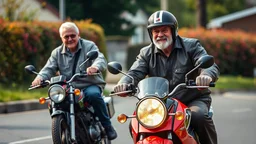 Elderly pensioners motorbike racing. Everyone is happy. Photographic quality and detail, award-winning image, beautiful composition.