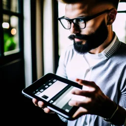 A picture of a person holding a tablet while looking at a choice.