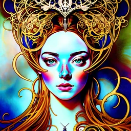 art by Alfons Mucha in the style of Salvador Dali, muted psychedelic colors, Emma Stone as a high elf steampunk warrior, in an biomechanical universe, HD 4K ultra high resolution, photo-real accurate, cinematic volumetric lighting
