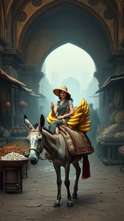 A woman sailing bananas on a donkey in an ancient time market