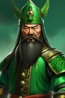 chinese male general, green armor, long beard, circular mustache