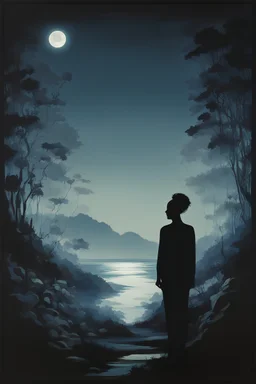 In the foreground, a lone silhouette, subtly illuminated by the moonlight, gazes into the distance, inviting listeners to embark on a contemplative journey through the music. The silhouette, a spectral figure, symbolizes the transient nature of ambient soundscapes, fleeting yet eternally resonant. Lush, abstract flora sprawls across the lower canvas, reminiscent of sound waves gently pulsating through the atmosphere. Each petal and leaf seems to vibrate in tune with the ambient melodies, creati