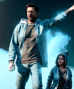 Realistic image, waist up view, a woman making the fuck off gesture with his hand, blue smoke coming out of his nose and mouth, happy. Latex cloth, inflatable hoodie, soft color, highly detailed, unreal engine 5, ray tracing, RTX, lumen lighting, ultra detail, volumetric lighting, 3d, finely drawn, high definition, high resolution.