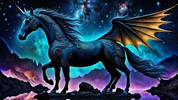 horse-dragon stunning weird hybrid , ghostly wings, symmetrical, galaxy, stars, dark material, rocks, reflections, fantasy, sci-fi, detailed, masterpiece intricate detail, deep colors, hight textures, glitch, metallic shine, sharp focus, 64 megapixels, surreal fantasy mood