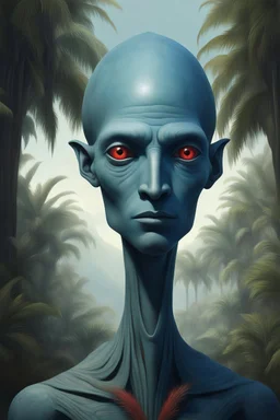 Portrait of an human of Kepler-22b with bluish skin, tall stature, elongated crane with prominent forehead protuberances, high cheekbones, and a robust jaw. The being has large, expressive eyes that reflect the dim light of its sun. It is surrounded by a lush landscape featuring Dracaena cinnabari trees with vibrant green and red foliage in backgorund, and bioluminescent plants with a rich variety of colors due to the presence of melanin in their structure