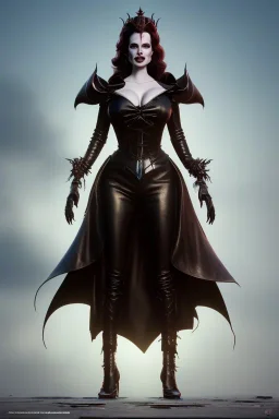 Geena Davis as evil queen in black leather, leather, busty, cleavage, angry, rage, stern look. character design by cory loftis, fenghua zhong, ryohei hase, ismail inceoglu and ruan jia. unreal engine 5, artistic lighting, highly detailed, photorealistic, fantasy