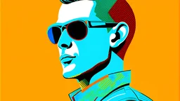 A retro illustration of a soldier with sunglasses and crew cut hair, wearing teal , against a bright orange-blue Otto Dix textured background, in the style of vintage poster design, in the style of Hugh Kretschmer, in the style of Ross Tran, in the style of Fluid Forms, in the style of Peter Max, and in the style of J.C. Le Capitaine, high resolution.