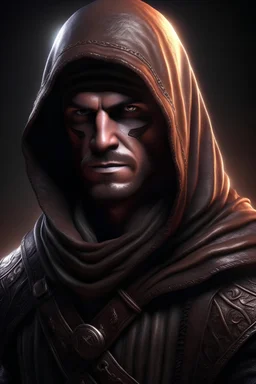 fantasy male human half body assassin with an hood, epic, cinematic, realistic, detailed, digital art,
