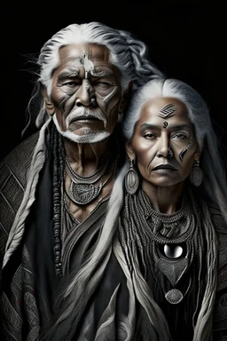 a photo of an Aztec man and woman with ethnic jewelry, grey hair and grey flowing robe, in style of Annie Leibovitz, contemporary portrait of a mature yet beautiful and modernist, black and grey, detailed face, swirling fluid smokey enigma, award-winning artwork