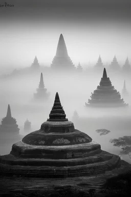 View borobudur in foggy morning bw photo from puthuk setumby