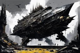 [art by Jean-Paul Riopelle] a new world emerges. A world where a gigantic obsidian crystal spaceship dominates the skies. Its massive bones jut out, the skull at the prow and the feet at the engine, like some gothic monstrosity brought to life. The brass coverings gleam in the light, adding an air of ancient mystery to the vessel.