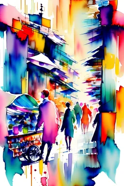 Watercolor, abstract, impressionist, not much detail patterns: Dive into the chaos of a bustling market patterns, with a vibrant array of colors converging in abstract patterns brilliance.
